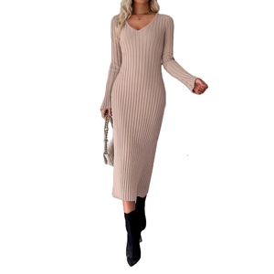 D552 donna invernale Casual scollo a V elasticizzato a maniche lunghe in maglia di <span class=keywords><strong>cotone</strong></span> aderente maglione abito a matita <span class=keywords><strong>Midi</strong></span> abito da donna - Product Image 1