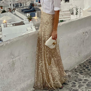Ecowalson <span class=keywords><strong>con</strong></span> elastico in vita <span class=keywords><strong>con</strong></span> paillettes e oro <span class=keywords><strong>gonna</strong></span> elegante da donna Slim Fit vacanza <span class=keywords><strong>gonna</strong></span> lunga donna lunga fino al pavimento <span class=keywords><strong>con</strong></span> fodera - Product Image 2