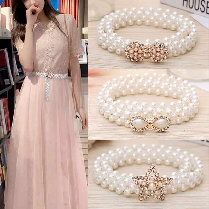 Korean fashion thin belt pearl waist chain women's dress decorative Rhinestone elastic belt