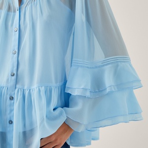 Nueva Blusa Casual de Mujer para Primavera/Verano, Manga Tres Cuartos, Cuello en V, Holgada, con Pliegues, Cinta y Botones, Talla Grande - Product Image 3