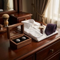 Boîte à boutons de manchette en bois de noyer de luxe Landy, boîte avec couvercle en verre, accessoire pour homme, rangement, emballage cadeau, logo personnalisé, vente en gros