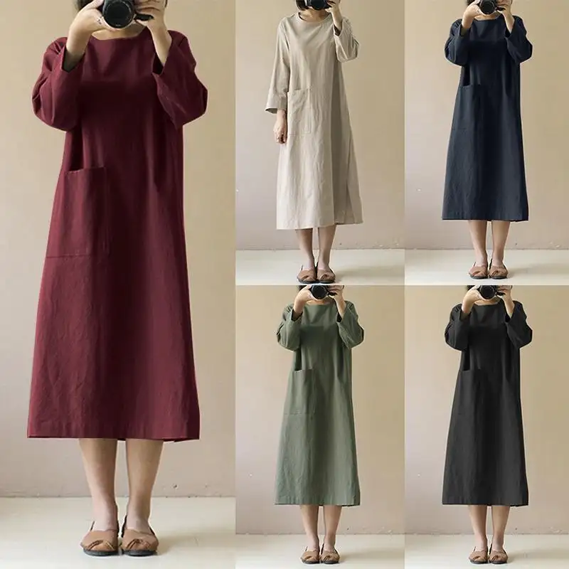 2024 Wholesale Women's Large Size Cotton And Linen Plus Size Women Dress With Long Sleeve Solid Color Midi Length Casual Dress