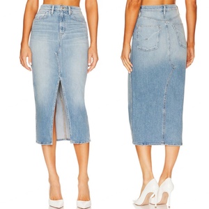 Jupes en jean pour femmes, coupe décontractée, avec fente avant, bleu délavé, de haute qualité, personnalisables, style créateur, vente en gros - Product Image 3