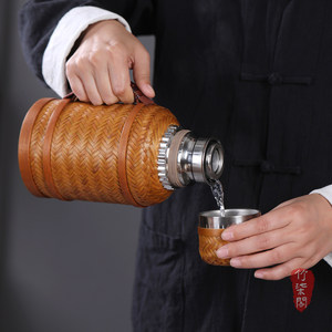 Bamboo Woven <b>Thermos</b> Flask With Lid Handheld Insulated Water <b>Bottle</b> For Tea Brewing And Hot Water Camping Use - Product Image 2
