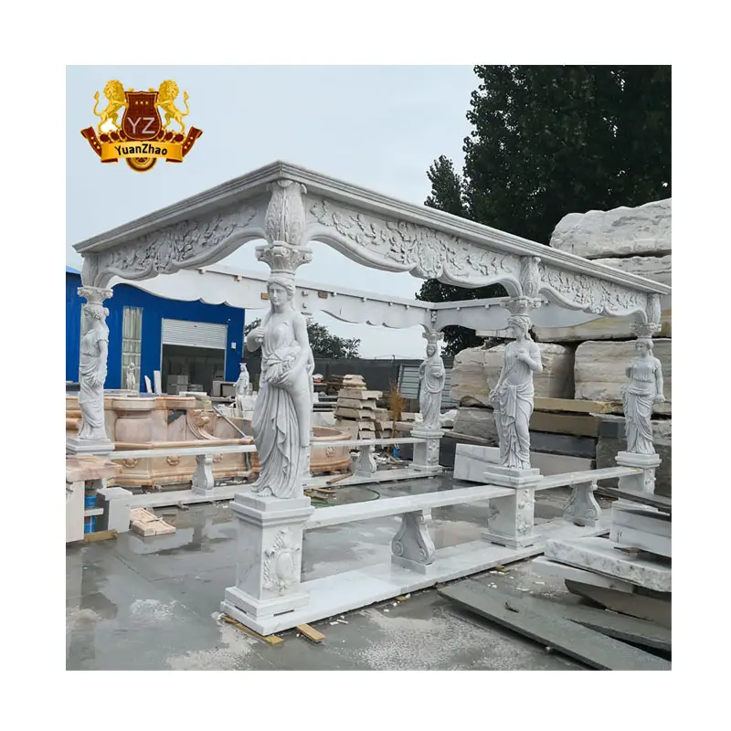 Outdoor Decoration Stone Pavilion Greek Woman Sculpture Gazebo with Metal Roof Stone Carving Large Marble Gazebo