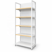 Étagère de supermarché à quatre poteaux, simple face, en métal blanc, avec garniture en bois, pour présentation de produits en magasin, système d'étagères pour épicerie