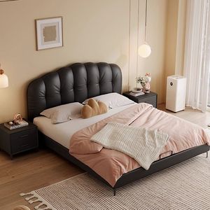 French Style Genuine Leather <b>Bed</b> With <b>Soft</b> Backrest Low Box Double Size Modern Minimalist Upholstered Bedroom Furniture - Product Image 2