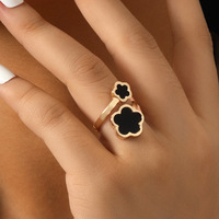 Bague ouverte réglable INS Fashion élégante et douce, couleur noir, rose, blanc, double fleur à cinq pétales pour femmes
