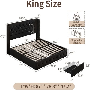 Chất lượng cao đầy đủ Nữ Hoàng Vua Kích thước nhung đen bọc nền tảng GIƯỜNG KHUNG với wingback Đầu Giường 4 ngăn kéo lưu trữ - Product Image 2