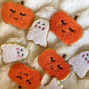 Groothandel Halloween Chenille Pompoen Patches Zelfklevend Ijzer Op Goud Glitter Ghost Gezicht Patches Voor Kleding En Tassen - Product Image 4