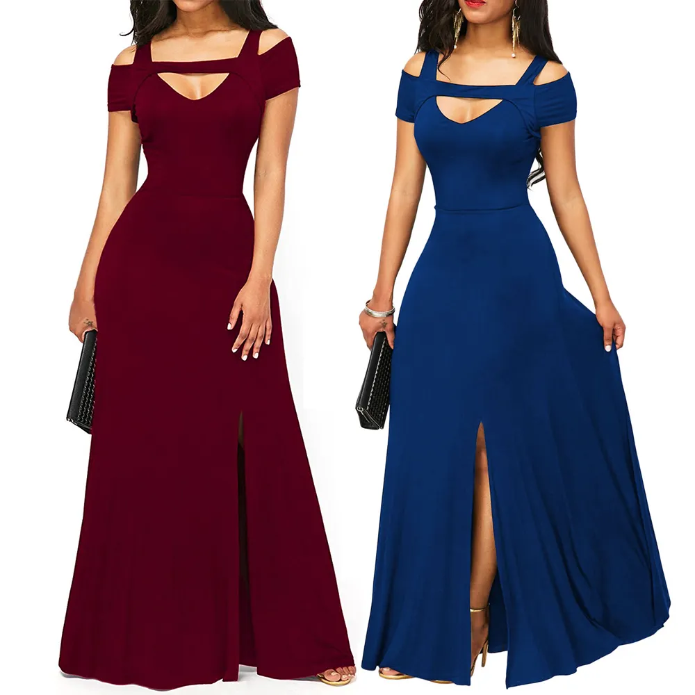 Special design cold shoulder front slit blue flare maxi dress women