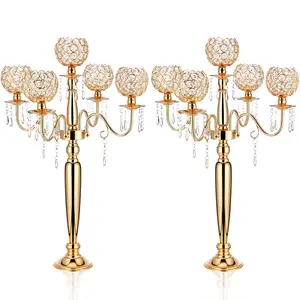 Candelabros de cristal de Metal dorado mascota, candelabros de 5 brazos para portavelas, centros de mesa clásicos para fiesta de boda