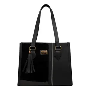 Bolso Tote de Mezclilla Casual para Mujer Fana Cora Negro Espectacular M3850 de Gran Capacidad con Patrón Geométrico de Cuadros y Estampado de Paja con Tres Solapas - Product Image 1