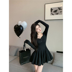 French Style Square Neck Long Sleeve Dress Tight Waist Short Skirt Gray And Black Solid Color Casual Daily Wear - Product Image 3