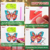 Miroir de maquillage double face en acrylique pliable, avec peinture diamant 5D imprimée motif papillon de dessin animé, entièrement orné de diamants brillants