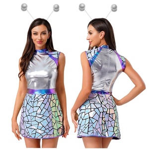 Disfraz de alienígena espacial para mujer, falda holográfica de vidrio rotado, vestido metálico, conjuntos de diadema, vestido de fiesta galáctico para escenario, personalizado - Product Image 3
