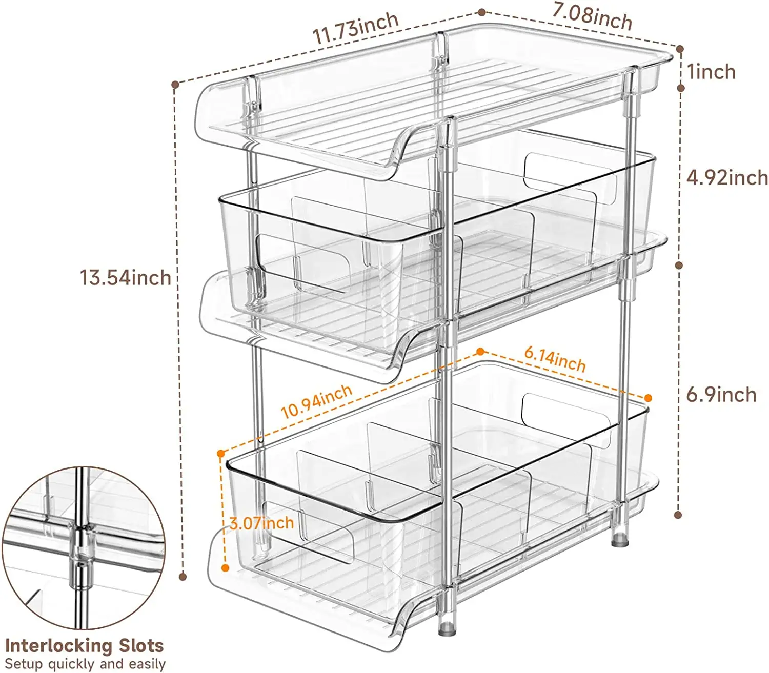 Organisateur transparent à 3 niveaux avec séparateurs, garde-manger coulissant multi-usages sous l'évier Organisateur de placard, boîte de rangement transparente