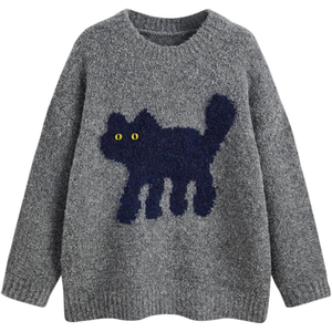 Suéter Casual de Mujer al por Mayor, Personalizado OEM ODM, Color Sólido con Estampado de Mascotas, Decoración de Botones, Top de Otoño Invierno - Product Image 1