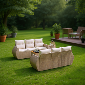 Modular Beige Pe Rattan Garden <b>Sofa</b> <b>Set</b> Outdoor Furniture Contemporary Design High Density Foam Cushions UV Resistant - Product Image 2