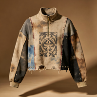 Sweat-shirt court à demi-zip, style streetwear, patchwork, effet délavé soleil, imprimé totem, coupe usée