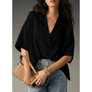 Blusa de Verano para Mujer, Nueva, de Manga Corta, con Solapa, Casual, Holgada, de Color Sólido, a la Moda - Product Image 1