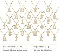 Collier Hip-hop unisexe en moissanite incrusté d'argent, pendentif personnalisé avec 26 lettres anglaises, chaîne de clavicule de 22,5g
