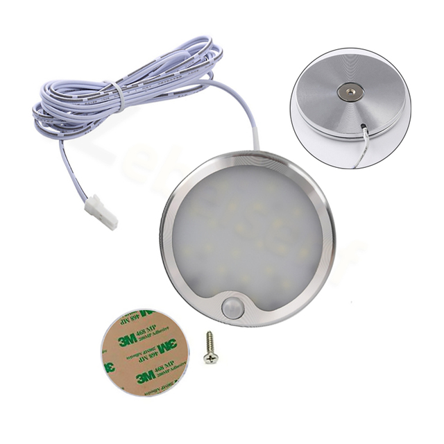 New DC 12V 5W LED Cabinet Light Built-in PIR Motion Sensor Round Aluminium Shell Magnetic Attachment Surface Mount free Slotting