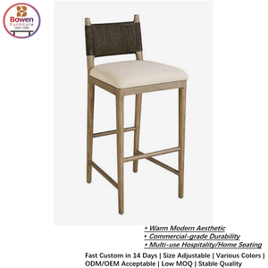 Taburete de <span class=keywords><strong>Bar</strong></span> Moderno de Madera de Roble Macizo con Respaldo Tejido, Altura de Mostrador, Cojín Tapizado, Diseño Rústico Ecológico y Duradero - Product Image 1