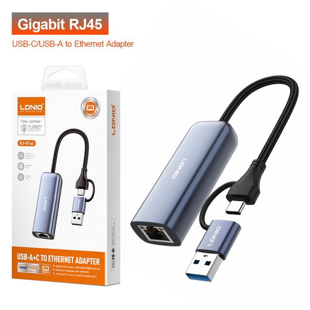 LDNIO RJ-01UC USB-C & USB-A to Ethernet Adapter RJ45 Portable Gigabit Network Adapter for Laptop Desktop