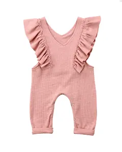 Benutzer definierte Baby Infant Live Rüschen ärmel Romer Girls gerippte Baumwolle Rüschen ärmellose Stram pler mit Druckknöpfen