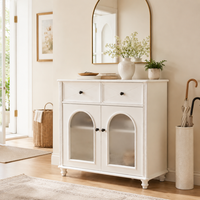 Buffet de style farmhouse blanc avec tiroirs en X et portes en verre dépoli cintrées, en MDF, pour salle à manger, vente en gros