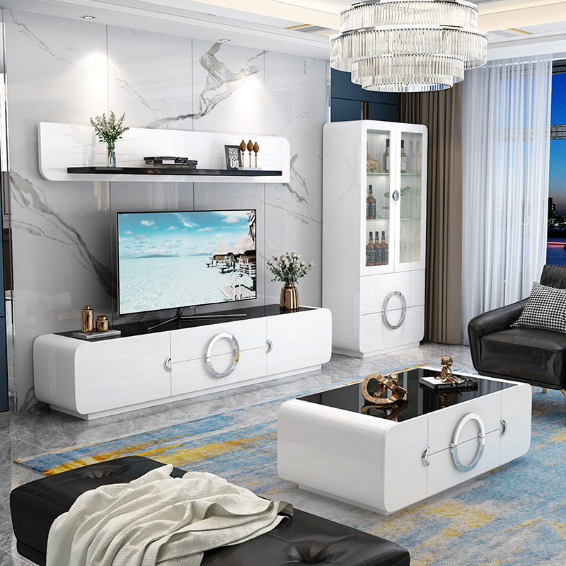 Pabrik desain modern emas dan putih kabinet tv mewah furnitur rumah dinding unit tv berdiri dengan meja kopi set untuk ruang tamu