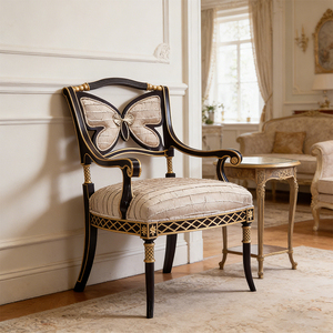 <span class=keywords><strong>Fauteuil</strong></span> de salon élégant de style antique en laque noire avec motif papillon et accents noirs et dorés - Product Image 1