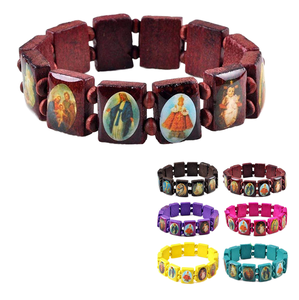 <span class=keywords><strong>Rosario</strong></span> Religioso de Santos Cristianos, Jesús, Diseño en Madera, Elástico, Extensible, Panel Pequeño de Madera para Pulsera, para Regalo - Product Image 1
