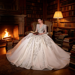 베스트셀러 고급스러운 레트로 스타일 웨딩드레스, 화려한 레이스 새틴 플로잉 캐시드럴 스타일 스커트 - Product Image 4