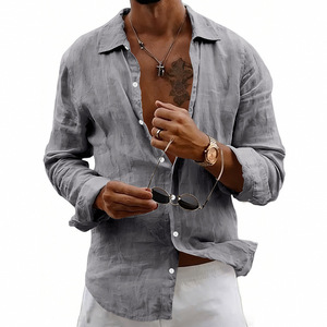 Cross-border Foreign Trade <b>Men's</b> Summer New Solid Color Thin Loose <b>Cardigan</b> Lapel Versatile Linen <b>Long</b>-sleeved Shirt Beaded - Product Image 5
