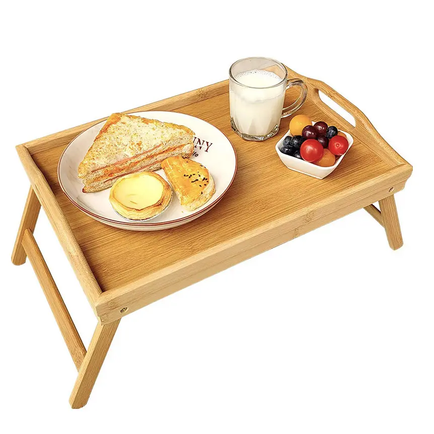 Petit-déjeuner au lit Plateau pour ordinateur portable Table à collation portable en bambou et plateau de table de lit avec jambe pliante