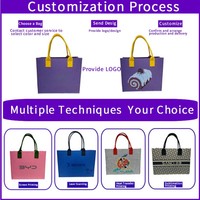 Sac fourre-tout en feutre beige avec logo personnalisé, imprimé macaron vert mignon, écologique et réutilisable, idéal pour les courses, les cadeaux promotionnels et l'emballage.