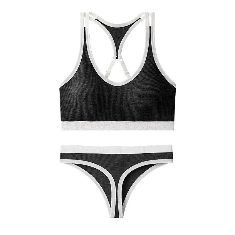 Conjunto de calcinha de sutiã esportivo de renda de cores contrastantes para mulheres lingerie de verão confortável sem anel de aço-atacado