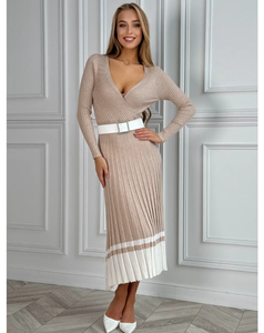 Pleated Color Block Dress - Maxi V-Neck Long Sleeve