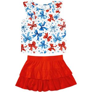 ชุดเด็กผู้หญิงแบบ 2 ชิ้น เสื้อแขนกุด กระโปรงระบายสีแดง น้ำเงิน ขาว ลายโบว์  ไซส์ 2-5 ขวบ - Product Image 1
