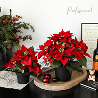 Tanaman Pot Bunga Poinsettia Buatan untuk Dekorasi Natal Lintas Negara, Hiasan Meja Ruang Tamu Dalam Ruangan, Bunga Palsu Meriah