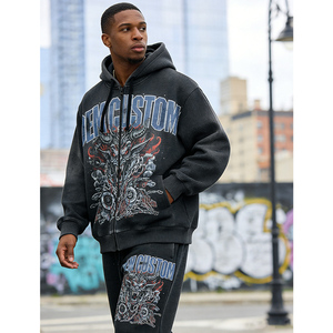Streetwear Digital Printing Black 2-piece OEM Custom LOGO Printing 400 GSM Heavyweight Pullover Men's <b>Hoodie</b> Set - Product Image 3