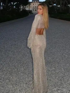 Costume da bagno Sexy da donna 2025 estate in tinta unita in due pezzi con <span class=keywords><strong>gonna</strong></span> lunga in pizzo <span class=keywords><strong>a</strong></span> maniche <span class=keywords><strong>a</strong></span> <span class=keywords><strong>campana</strong></span> K128 - Product Image 3