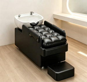 Fauteuil de lavage de cheveux rembourré marron avec repose-pieds, cadre métallique, banc de barbier commercial - Product Image 5