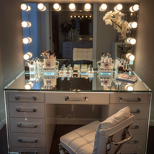 Grande coiffeuse de maquillage avec miroir LED et plateau en verre, 11 tiroirs et <span class=keywords><strong>loupe</strong></span> - Product Image 1