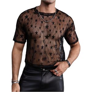 เสื้อยืดตาข่ายโปร่งใสทรงสตาร์สำหรับผู้ชาย FOXA คอกลม แขนสั้น ระบายอากาศได้ดี เหมาะสำหรับงานปาร์ตี้ - Product Image 1