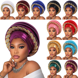 Elegante Turbante Africano Rosso Vino, Auto Gele con Decorazione a Foglia in Strass Dorati per Feste e Matrimoni - Product Image 5