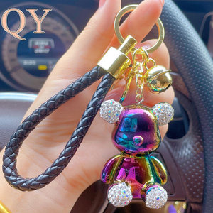 QY Wholesale Cute Sitting Bear Rhinestone Keychain Cartoon Crystal Figure Woven Rope Bag Charm <b>Car</b> <b>Key</b> <b>Ring</b> Gift Accessory - Product Image 3