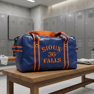 <b>Navy</b> Blue PVC Duffel <b>Bag</b> with Orange Straps, Large Sports Gear Carryall - Product Image 1